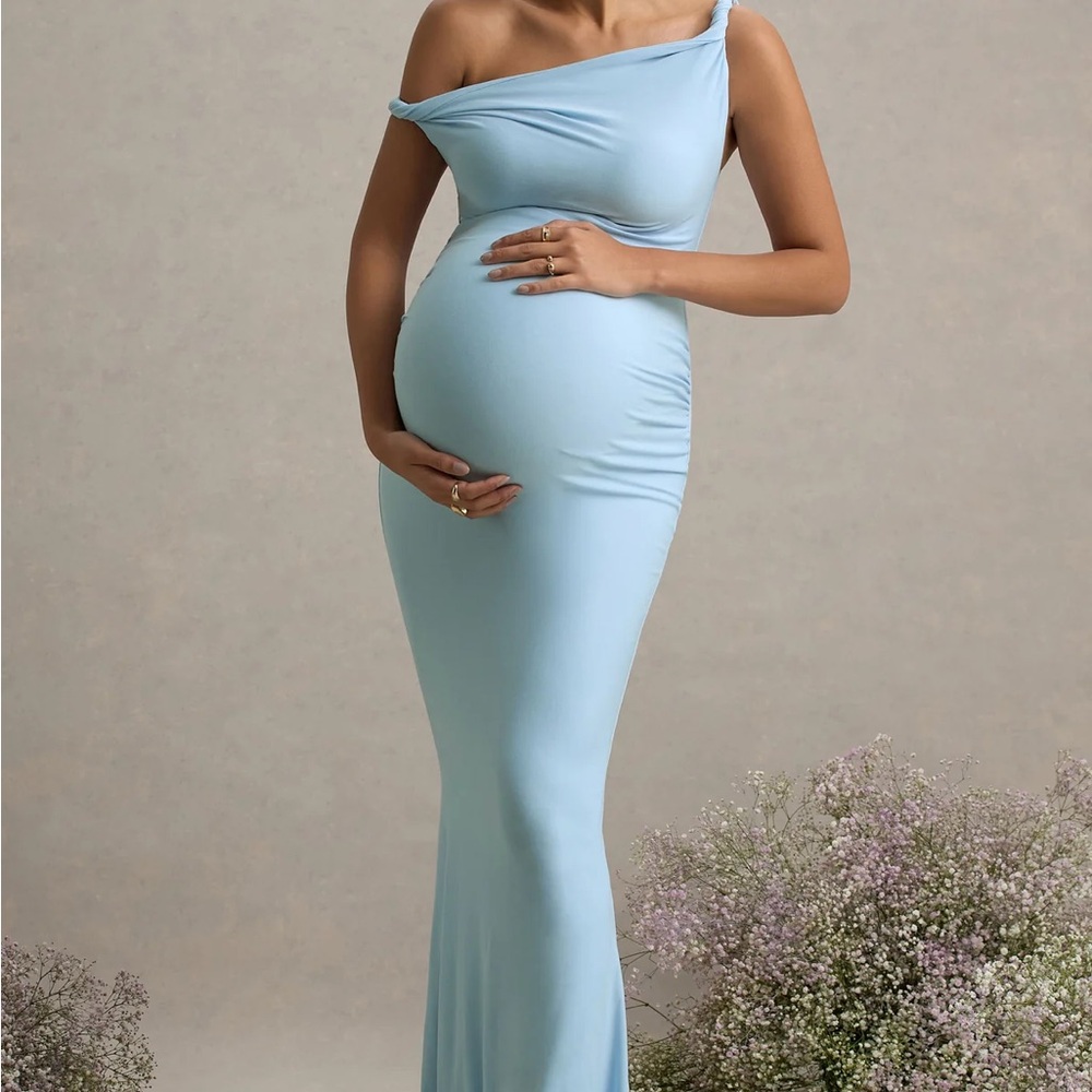 Club L London Blue One Shoulder Maxi Gown maternity size small